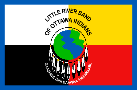 Picture of a square box with 4 small squares of 4 different colors. It has an icon of a world (centered) with a ring of 9 feathers around the world. It says:
LITTLE RIVER BAND
OF OTTAWA INDIANS
(World Icon)
GAACHING ZIBI DAAWAA ANISHNAABE